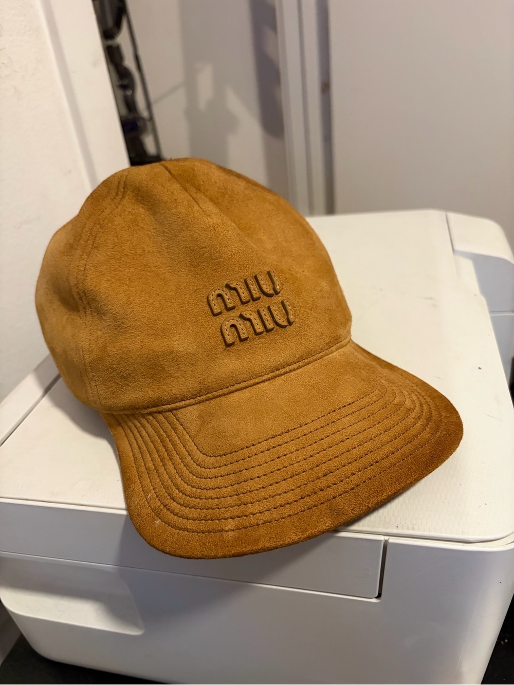 Miu Miu Suede Baseball Cap in Cognac Brown